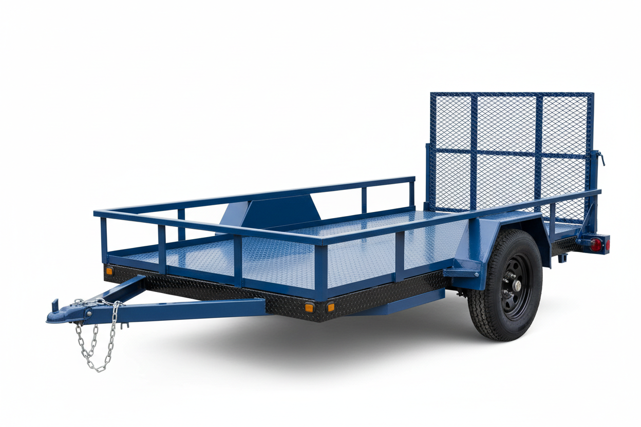 6 foot wide by 10 foot long single axle open utility trailer with rear gate
