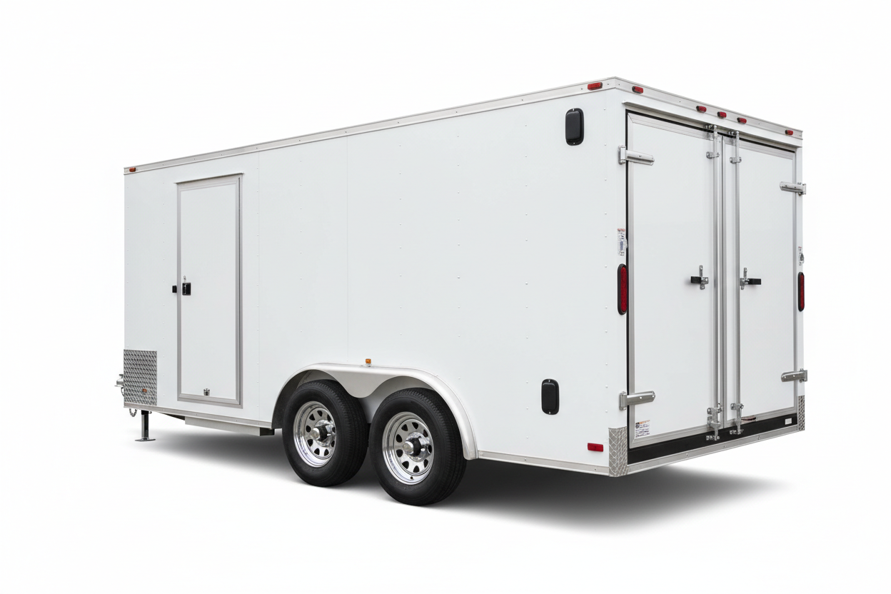 7x14 tandem axle white enclosed cargo trailer with barn doors