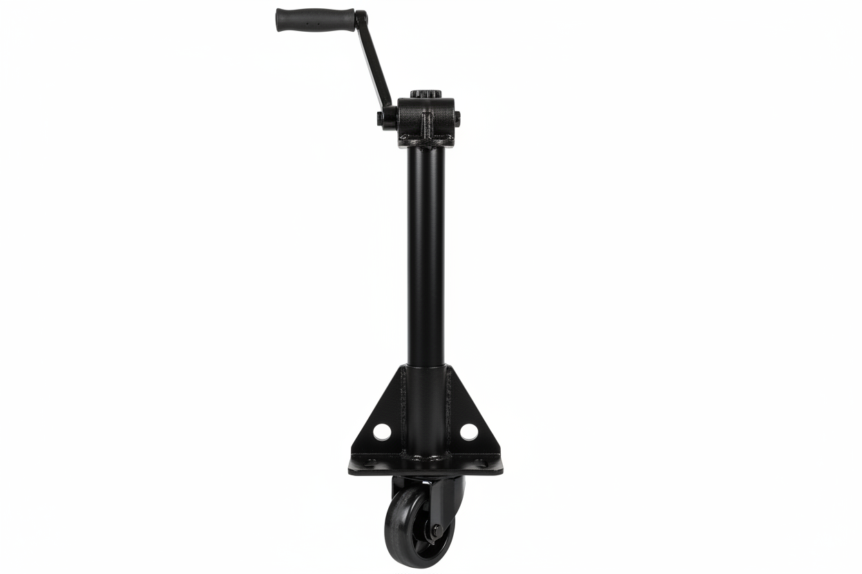 Black trailer tongue jack with top-wind mechanism