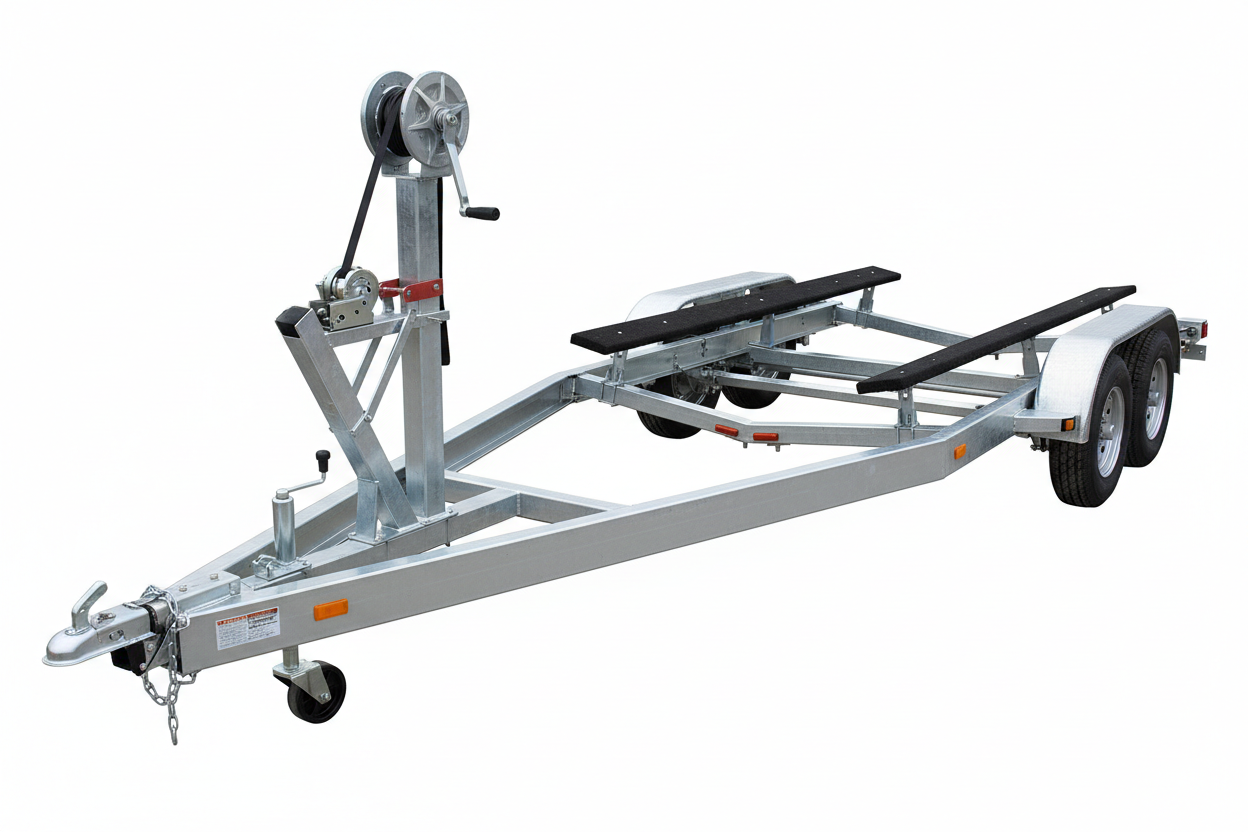 Large tandem axle galvanized boat trailer for 24-26 foot catamaran-hull and multi-hull boats