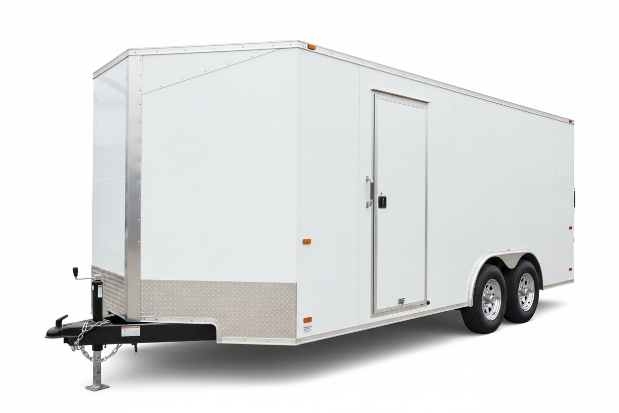 Large tandem axle V-nose enclosed cargo trailer