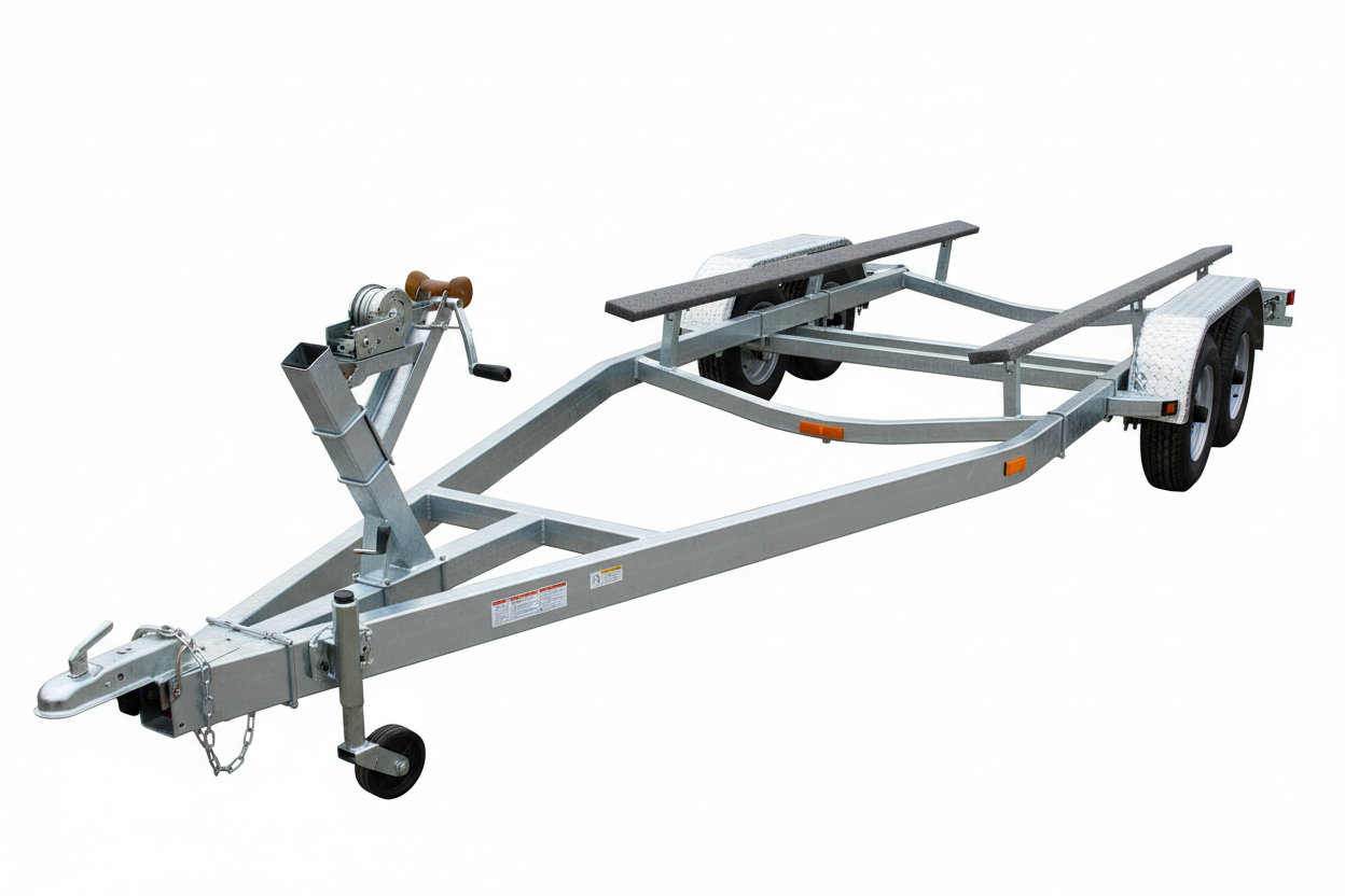 Tandem axle galvanized boat trailer with step-down frame for wide-beam V-hull boats