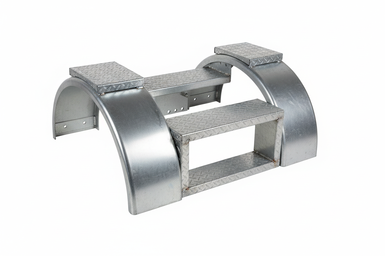 Universal tandem axle boat trailer undercarriage fender step assembly for 14-inch tires